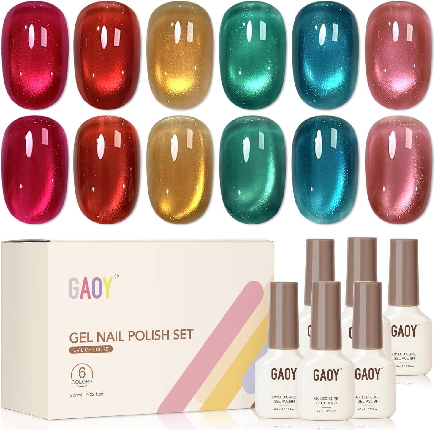 GAOY Cat Eye Gel Nail Polish Set with Magnet 6 Colors, Pink Red Blue Yellow Colors Sheer Gel Polish, Gemstone Nail Art Manicure - Image 1
