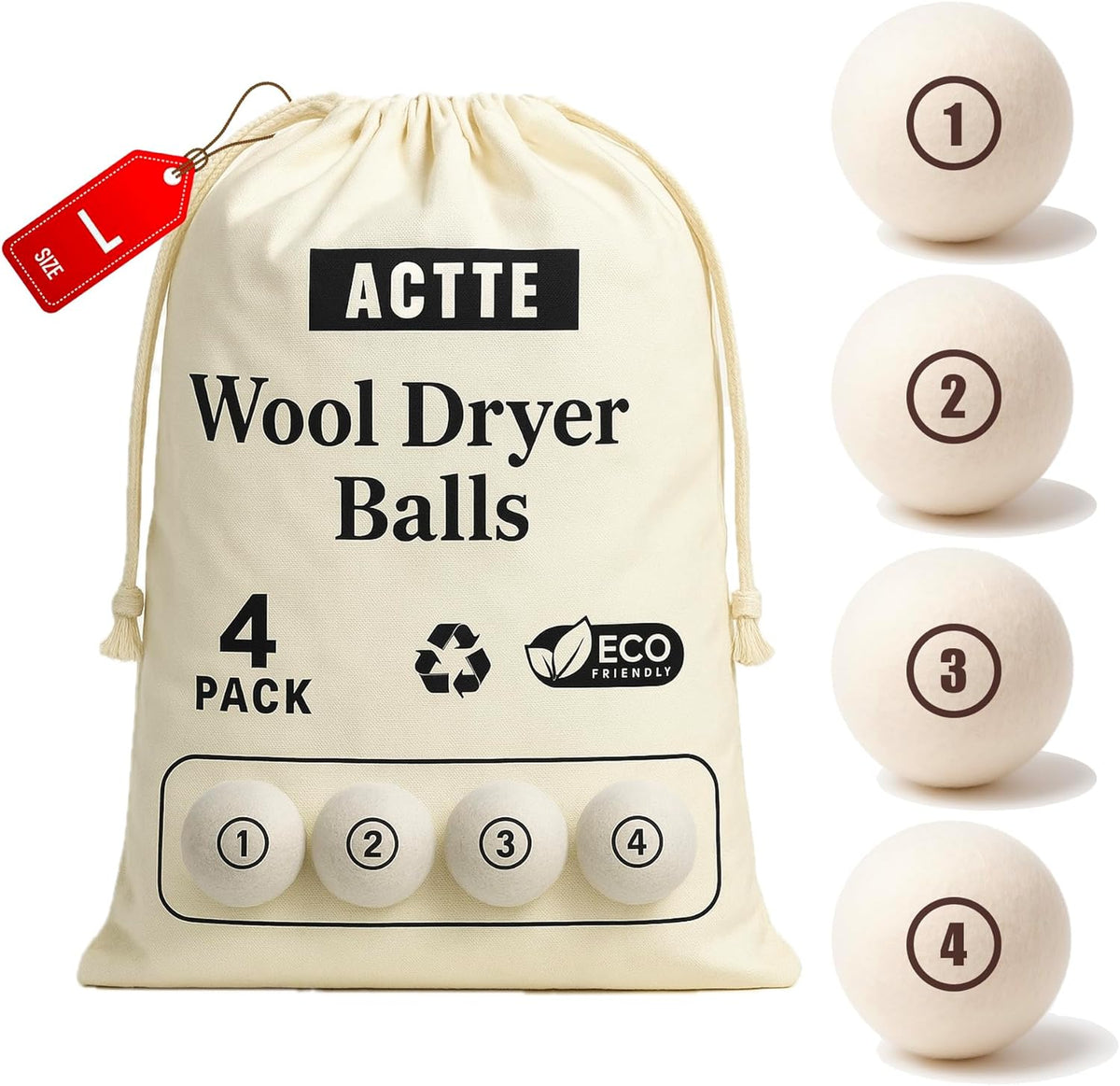 EcoJeannie premium wool dryer balls laundry four pack front view with storage bag