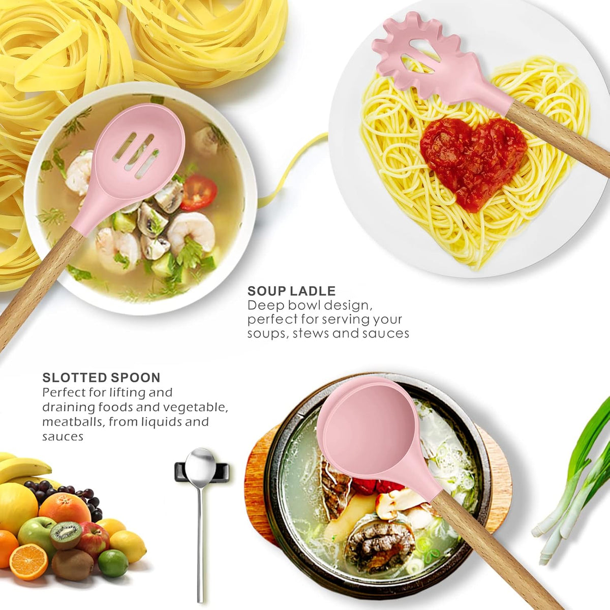 Oannao pink silicone cooking tools with wooden handles
