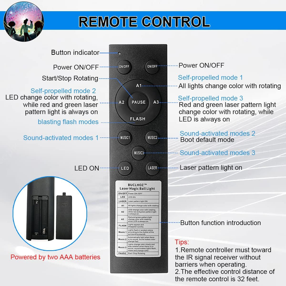 Buclhoz stage lighting device with remote control and USB cable