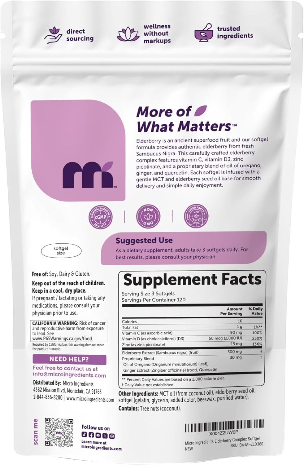 Micro Ingredients Elderberry Complex packaging seal and non-GMO certification