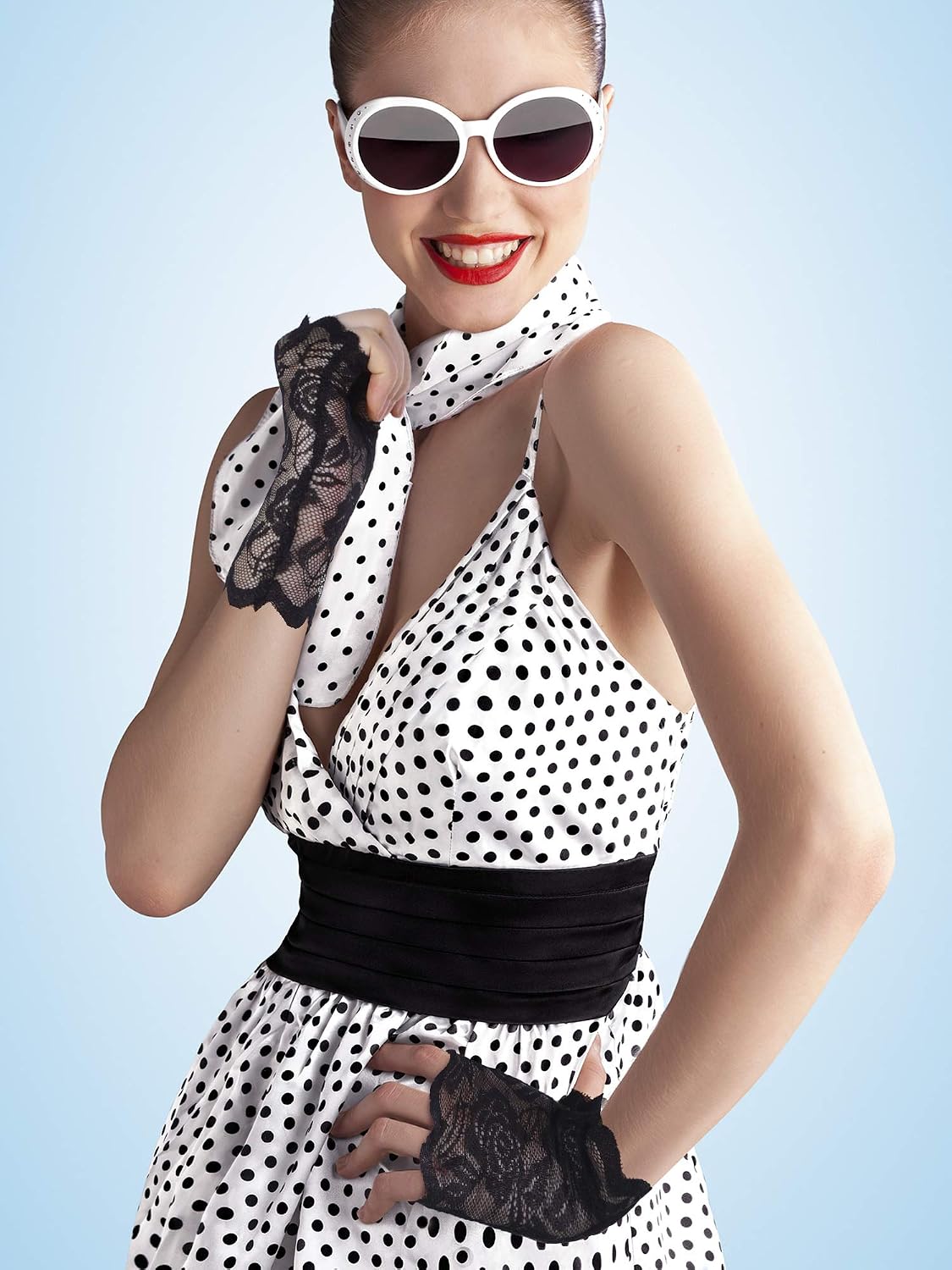 Skylety fingerless lace gloves styled with evening wear