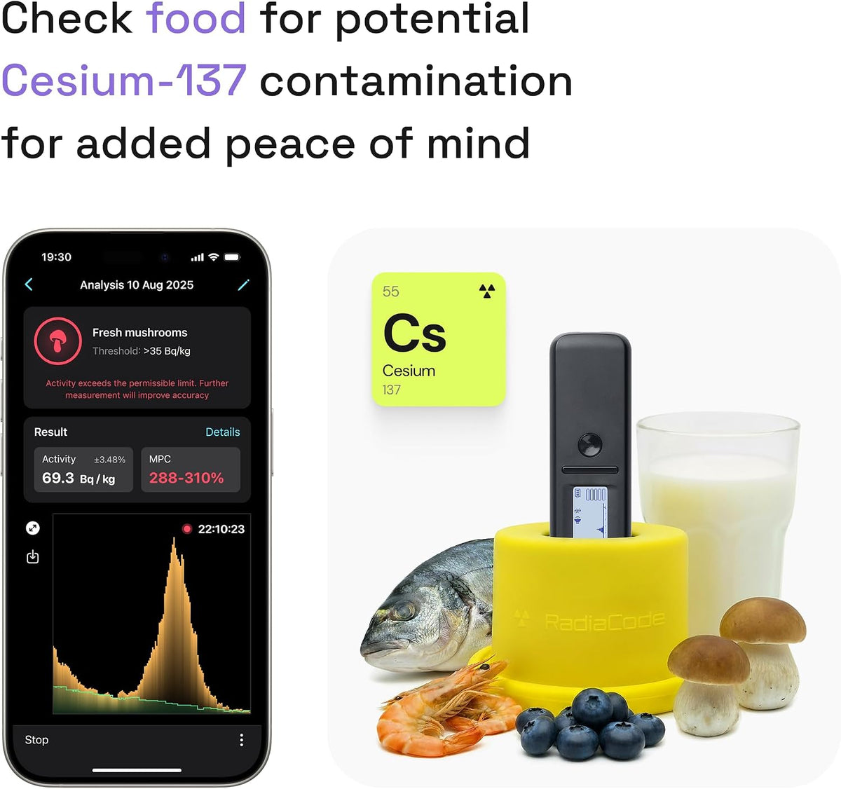 Radiacode 102 nuclear detector showing GPS mapping interface on smartphone
