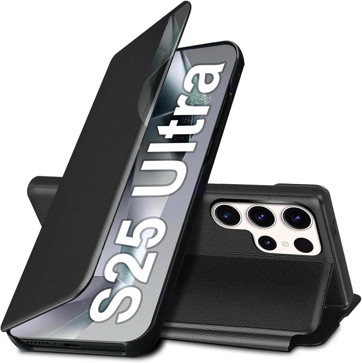Albaityee S25 Ultra Flip Case front view showing black leather texture