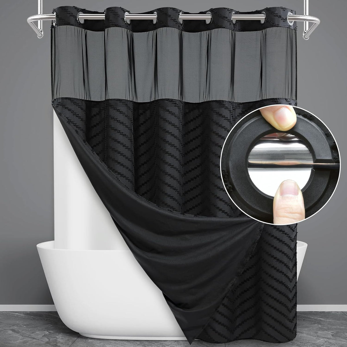 WONICY No Hook Shower Curtain front view hanging in modern bathroom setup