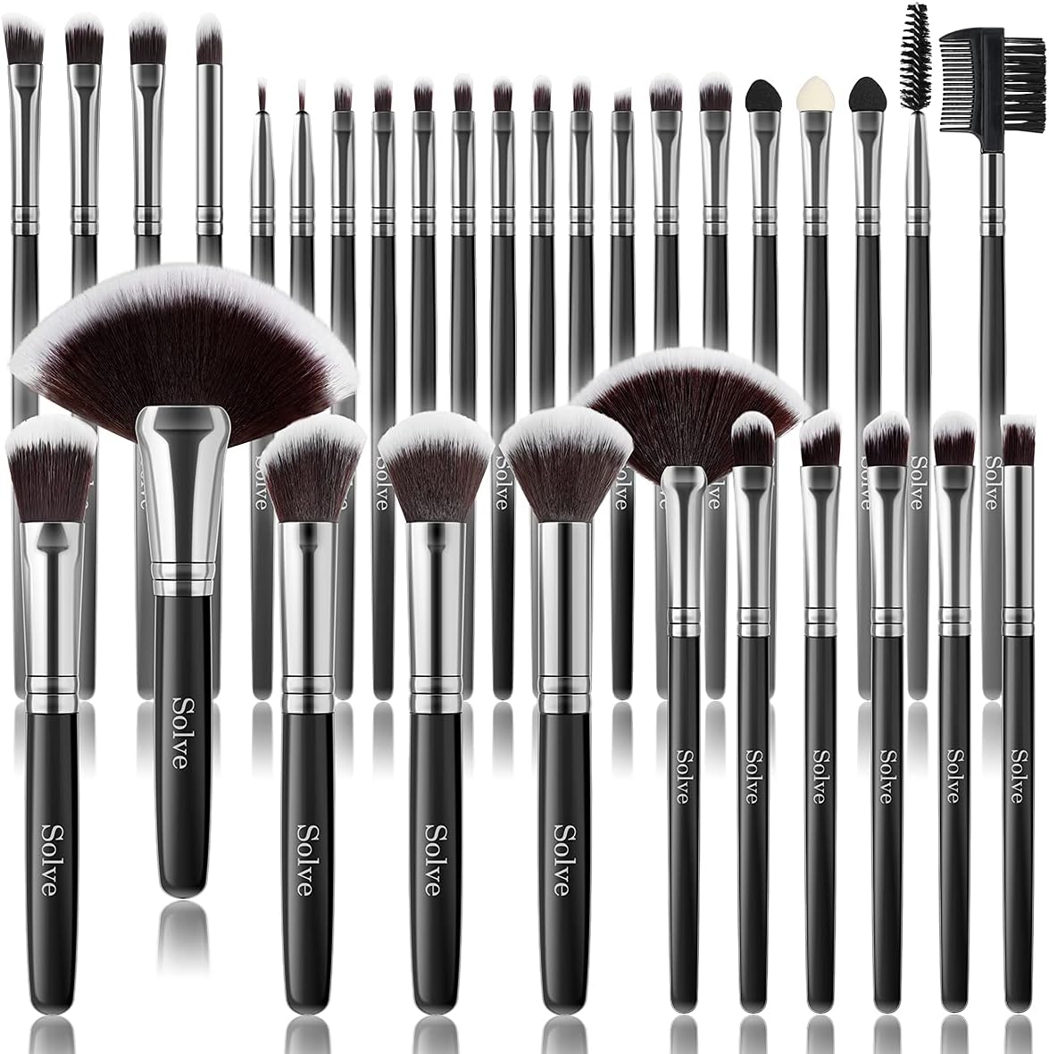 SOLVE 32 Pieces Professional Makeup Brush Set front view showing the full collection of black cosmetics brushes.