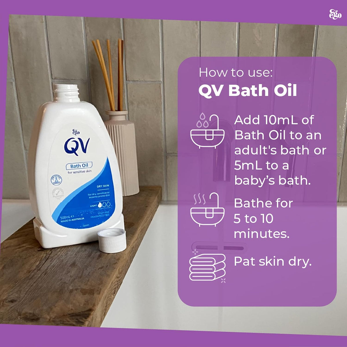 QV Bath Oil bottle beside measuring cap for accurate usage
