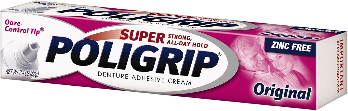 Close up of Super Poligrip denture cream ooze control tip