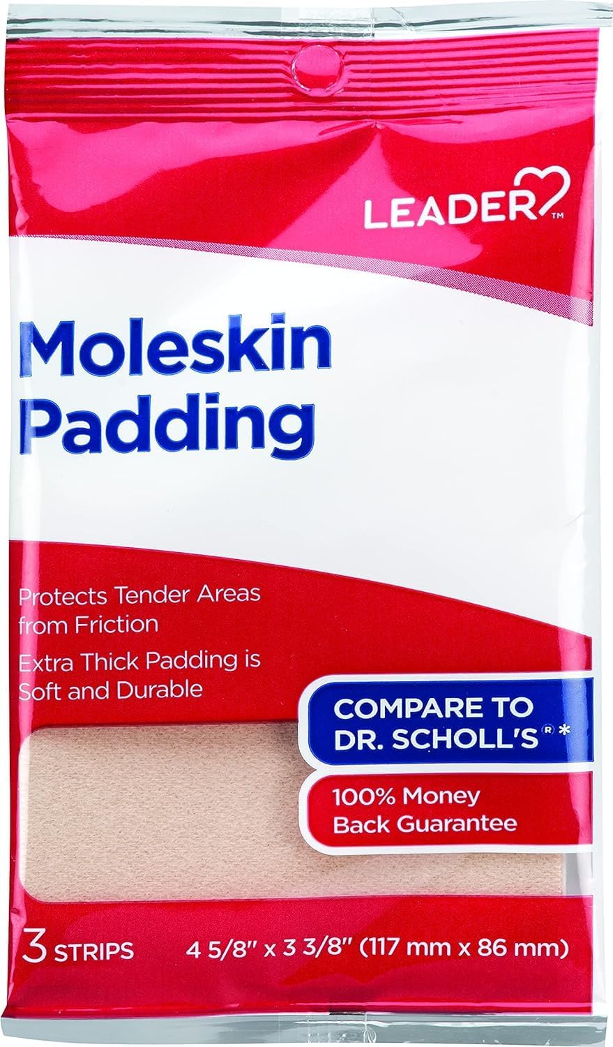 LEADER Moleskin Pads, Protects from Shoe Friction, Blisters, Corns, Calluses, Extra Thick Padding, Cushioning & Pain Relief, Trim Moleskin Sheets to Fit, Strip Size 4 5/8" x 3 3/8", 3 Strips - Image 1