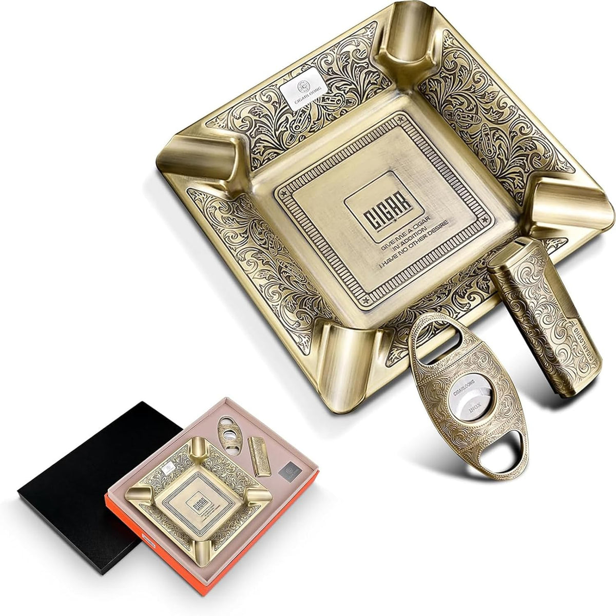 CIGARLOONG classic carved cigar ashtray set gold1 front view featuring luxury presentation box