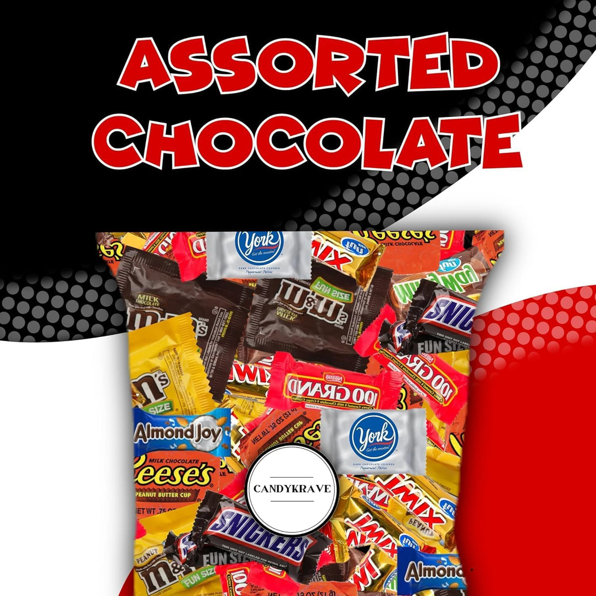 CandyKrave bulk chocolate candy mix featuring individually wrapped Reese's, Twix, and M&M's.