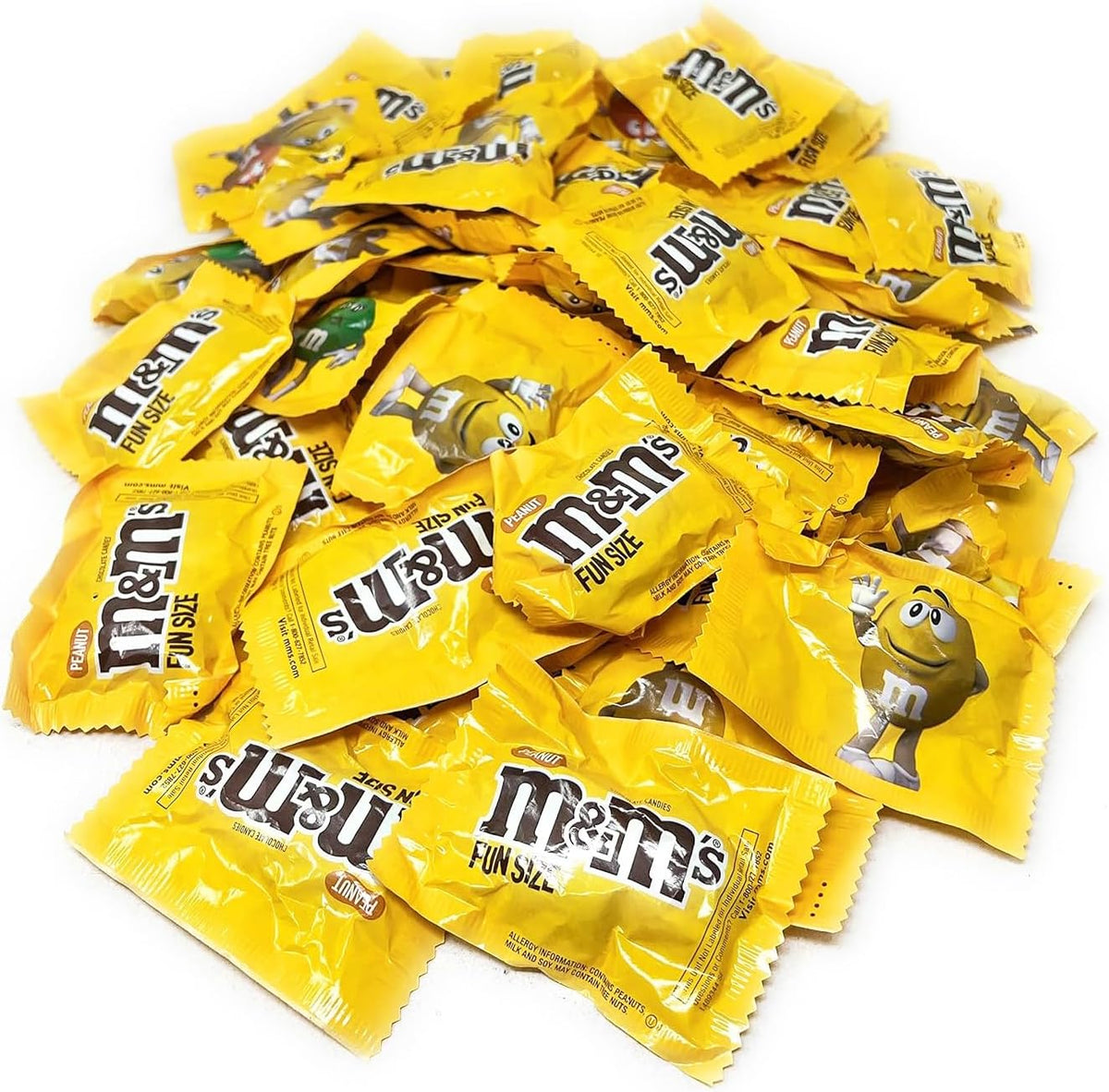 A heap of classic M&M'S milk chocolate packets showing the two-pound bulk quantity