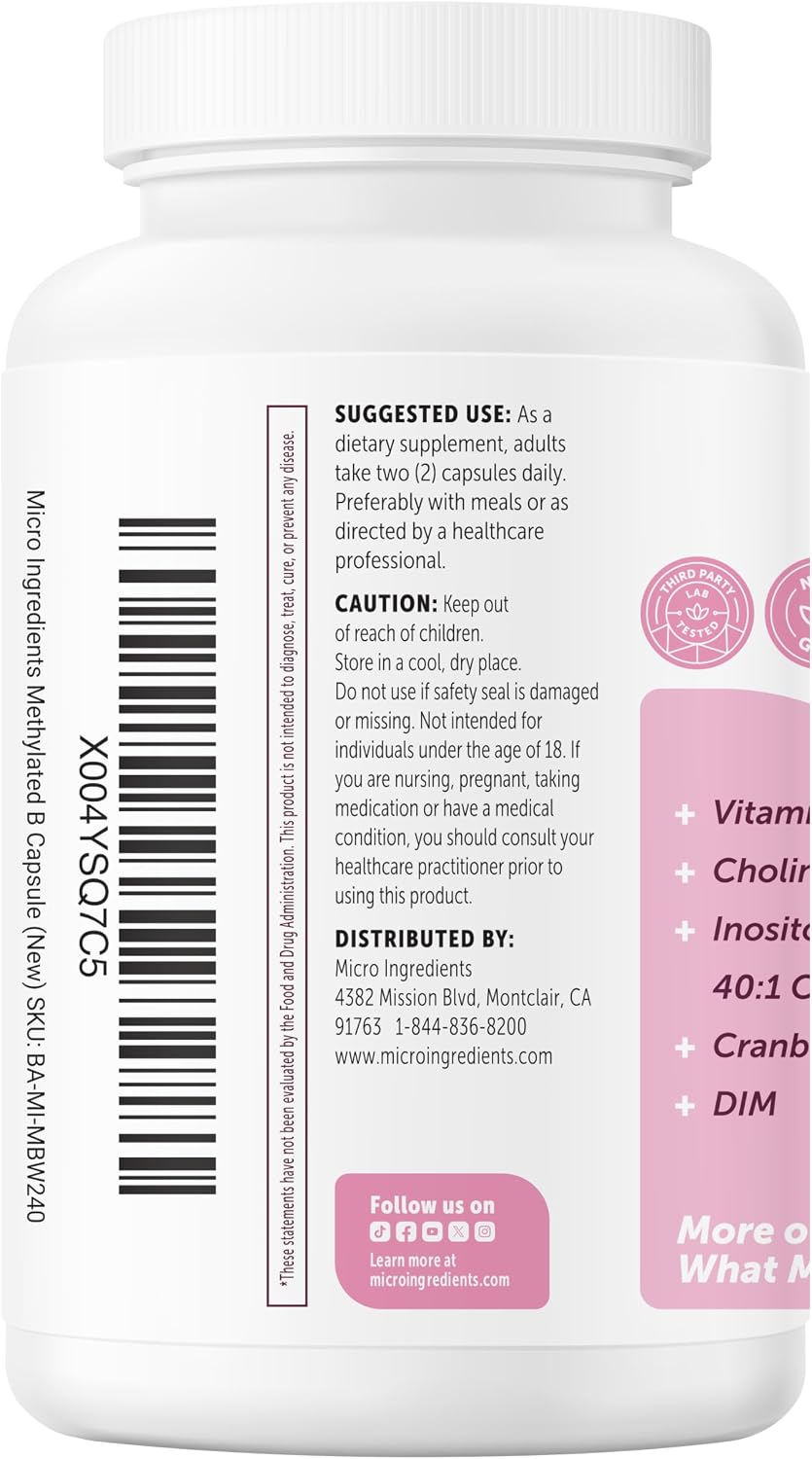 Micro Ingredients Methylated B Complex for Women, 240 Vegetarian Capsules | Activated B Vitamins with Methylfolate, Methyl B12, DIM & Inositol Complex | 14-in-1 Bioactive B Vitamin Formula - Image 9