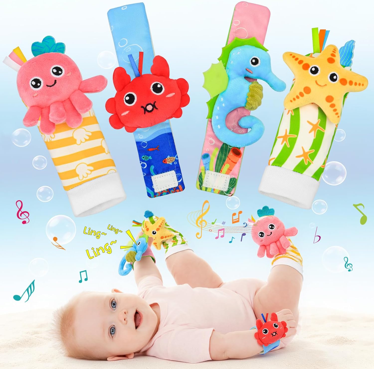 Koty baby wrist rattle and foot finder socks set front view showing plush red crab and blue seahorse characters.