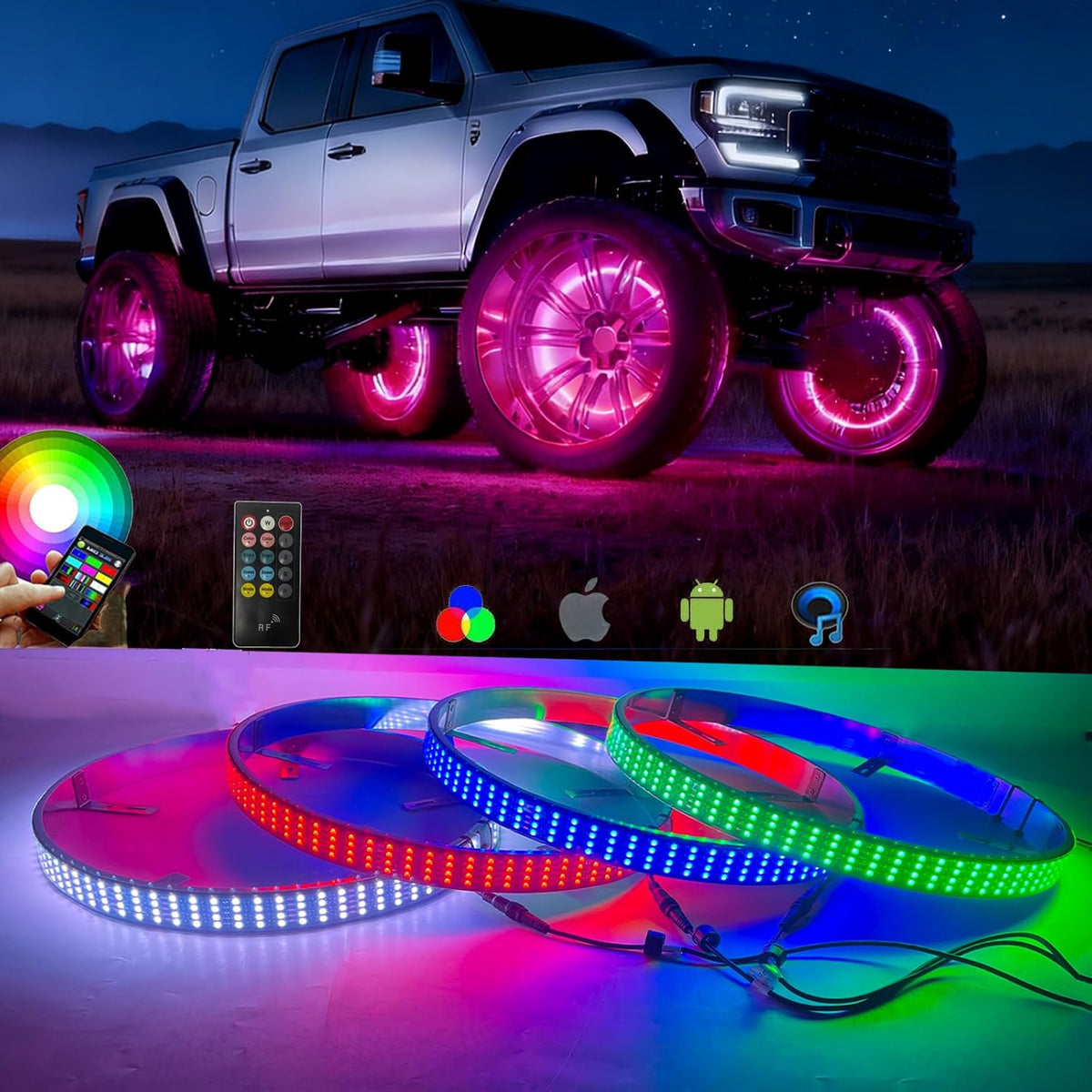 Kingshowstar quad row truck wheel lights front view showing brilliant pink illumination on a silver pickup truck