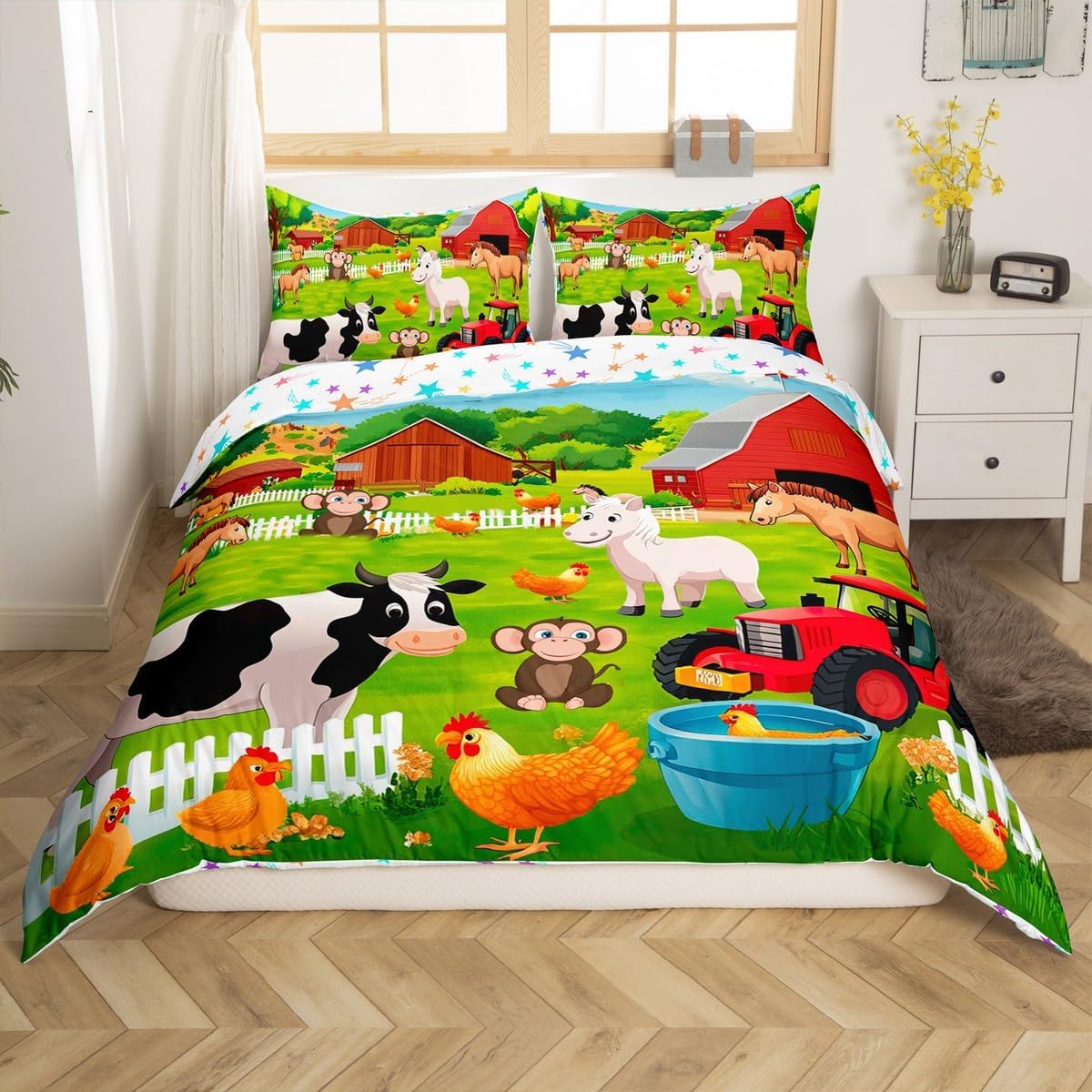 Feelyou kids farmhouse bedding set twin size front view showing cartoon farm animals and tractor print