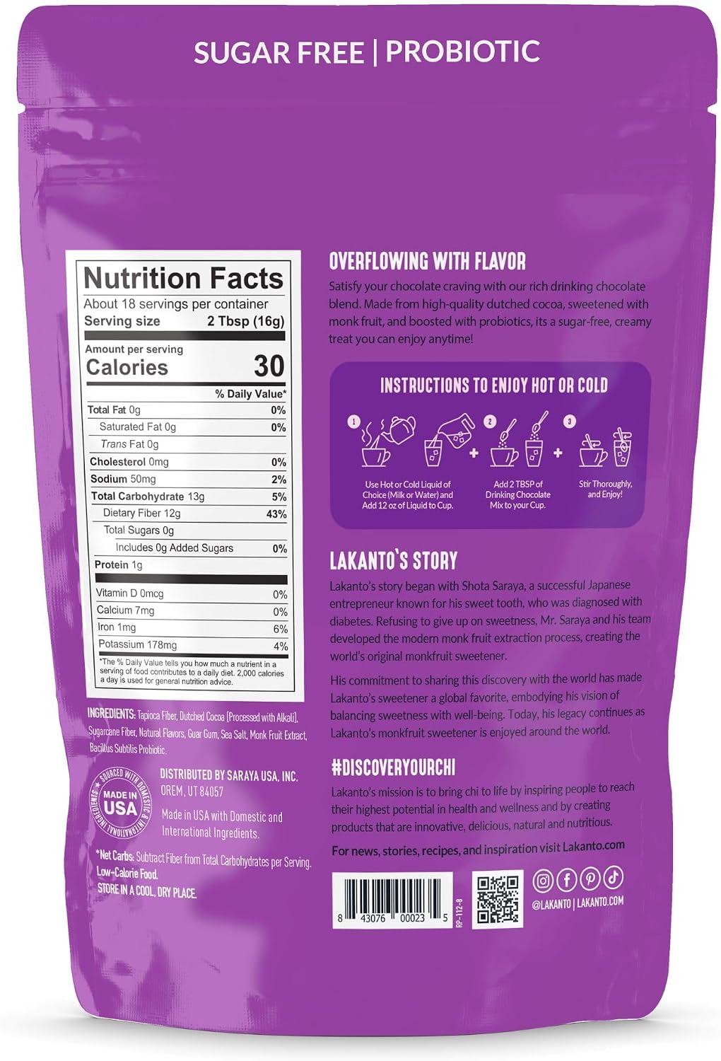 Lakanto monk fruit sweetened cocoa powder nutrition facts label