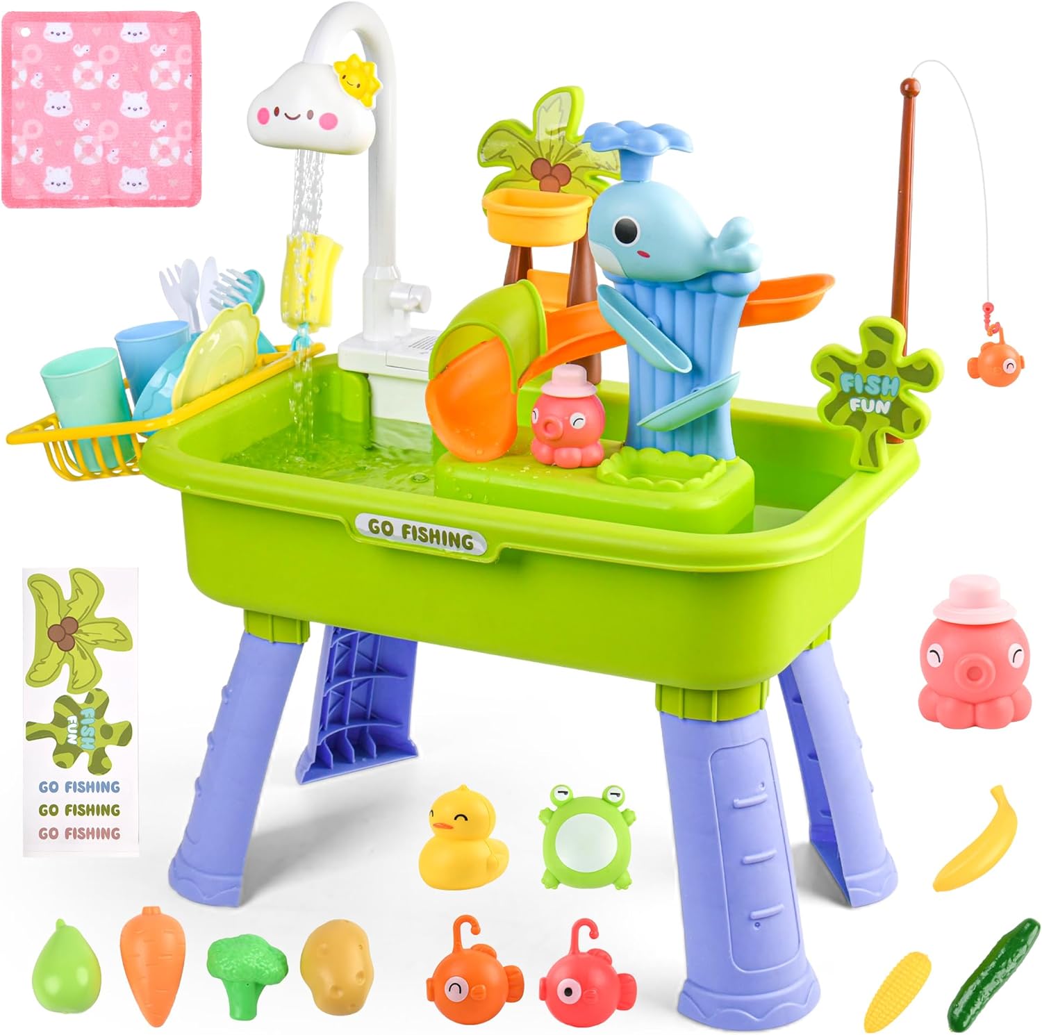 AZTWMYS Toddler Sand Water Table Toy front view showing green basin with electric faucet and accessories.