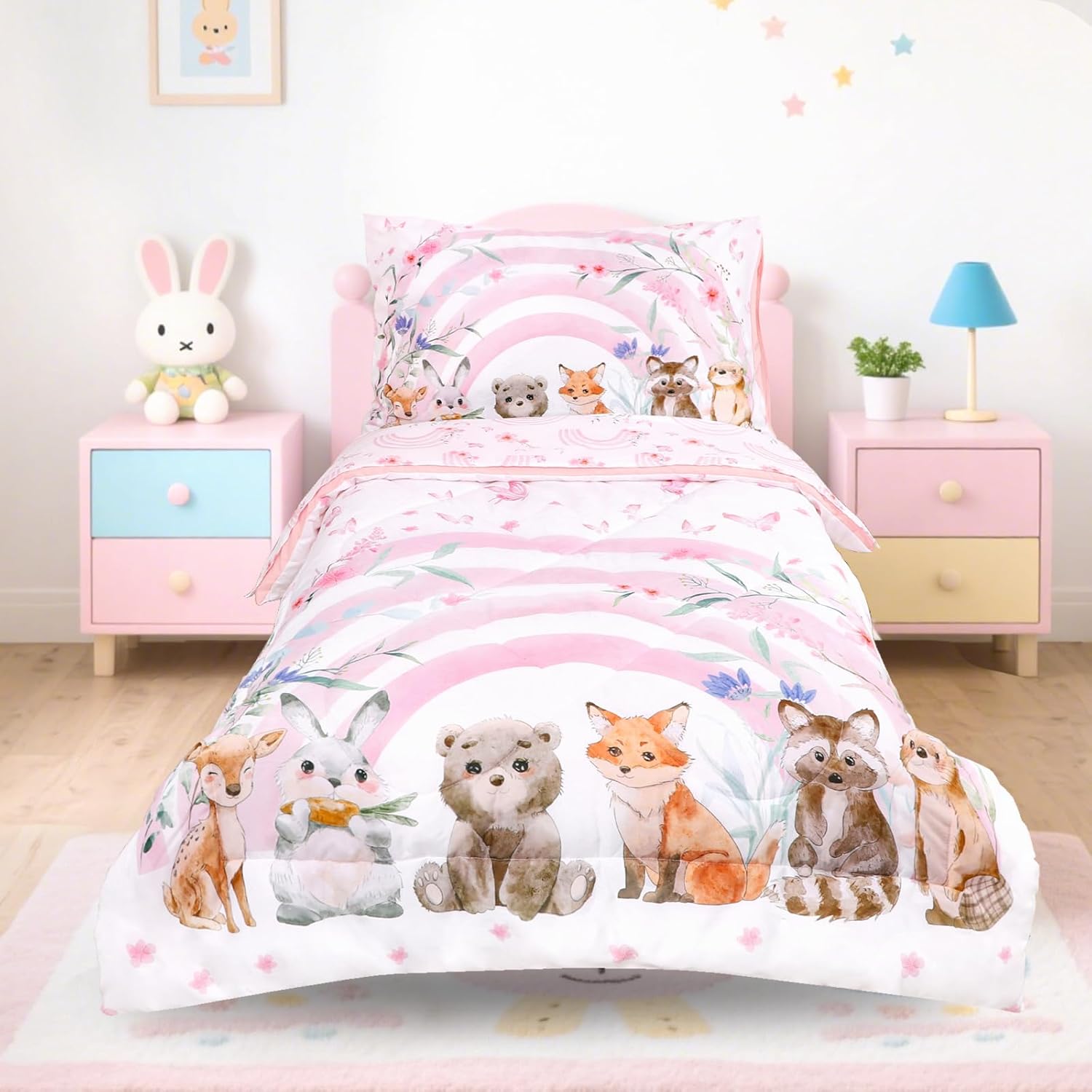 Hooyax toddler bedding set for girls front view of pink rainbow comforter on bed