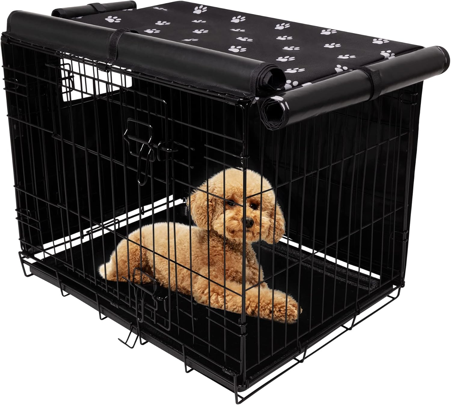 Pet Prime dog crate cover front view on a black wire cage.