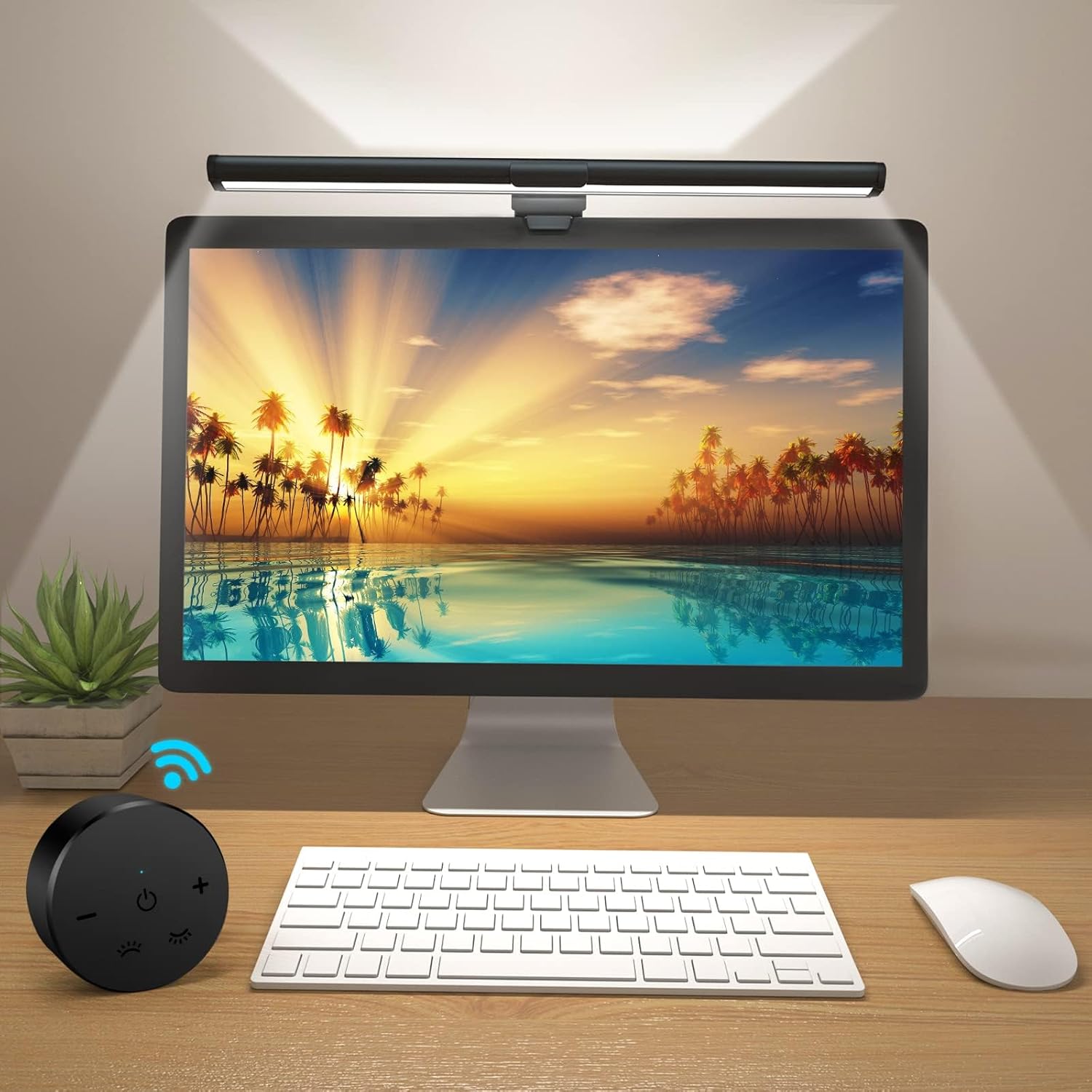 OOWOLF Monitor Light Bar front view mounted on a laptop display screen showing anti-glare downward task lighting