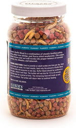 Back label of Fluker's aquatic turtle buffet blend displaying guaranteed analysis and premium ingredients.