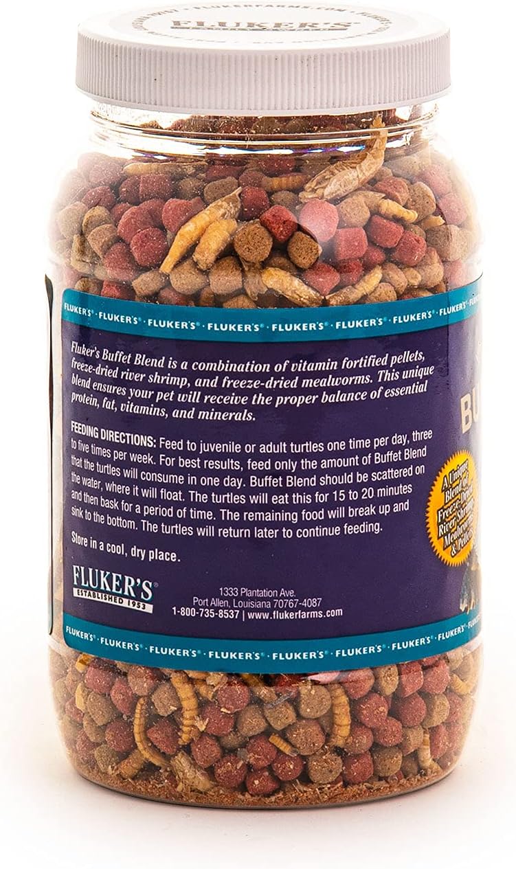 Back label of Fluker's aquatic turtle buffet blend displaying guaranteed analysis and premium ingredients.