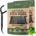 Ecoyou biodegradable floss picks front view pack of one hundred premium charcoal dental sticks