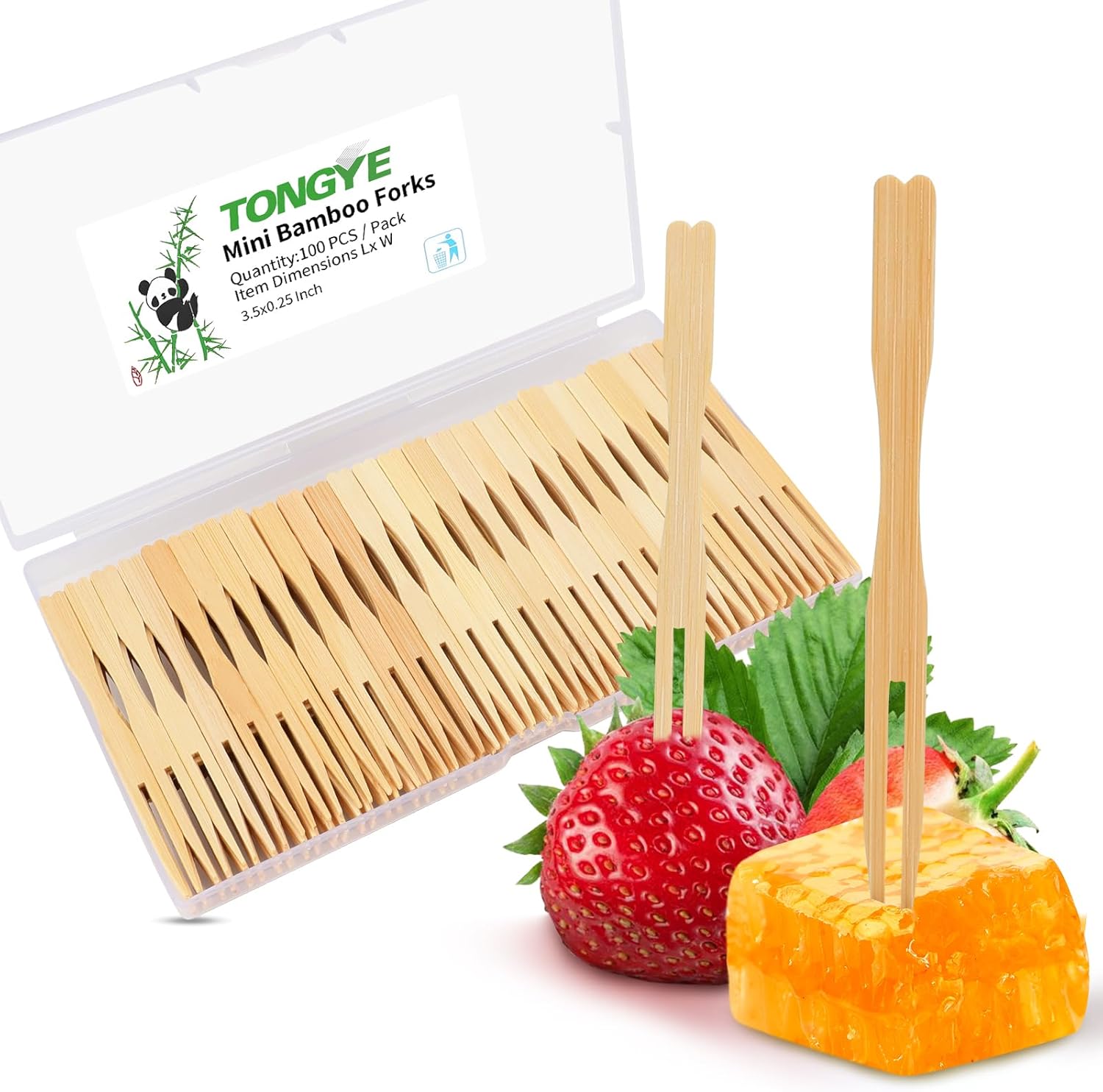 TONGYE mini bamboo cocktail forks pack front view on kitchen counter