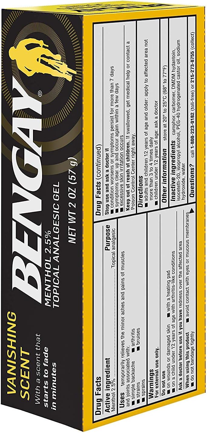 Side view of Bengay 2 ounce analgesic gel packaging