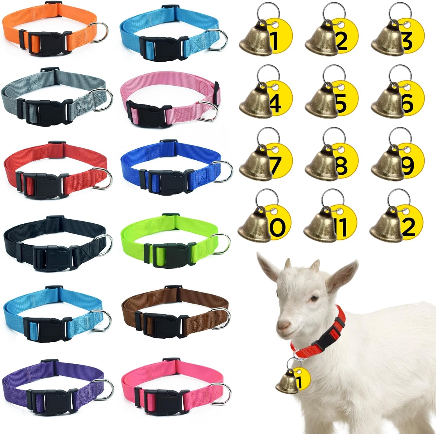 ETCYAOXIN adjustable goat collars 12-count pack showing multiple colors layout with copper grazing bells