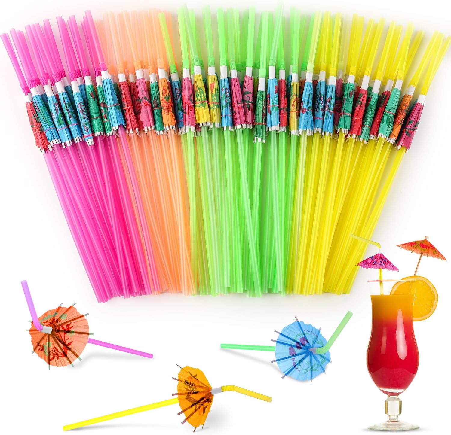 Paxcoo 50 Pieces Umbrella Straws front view showing colorful cocktail decorations
