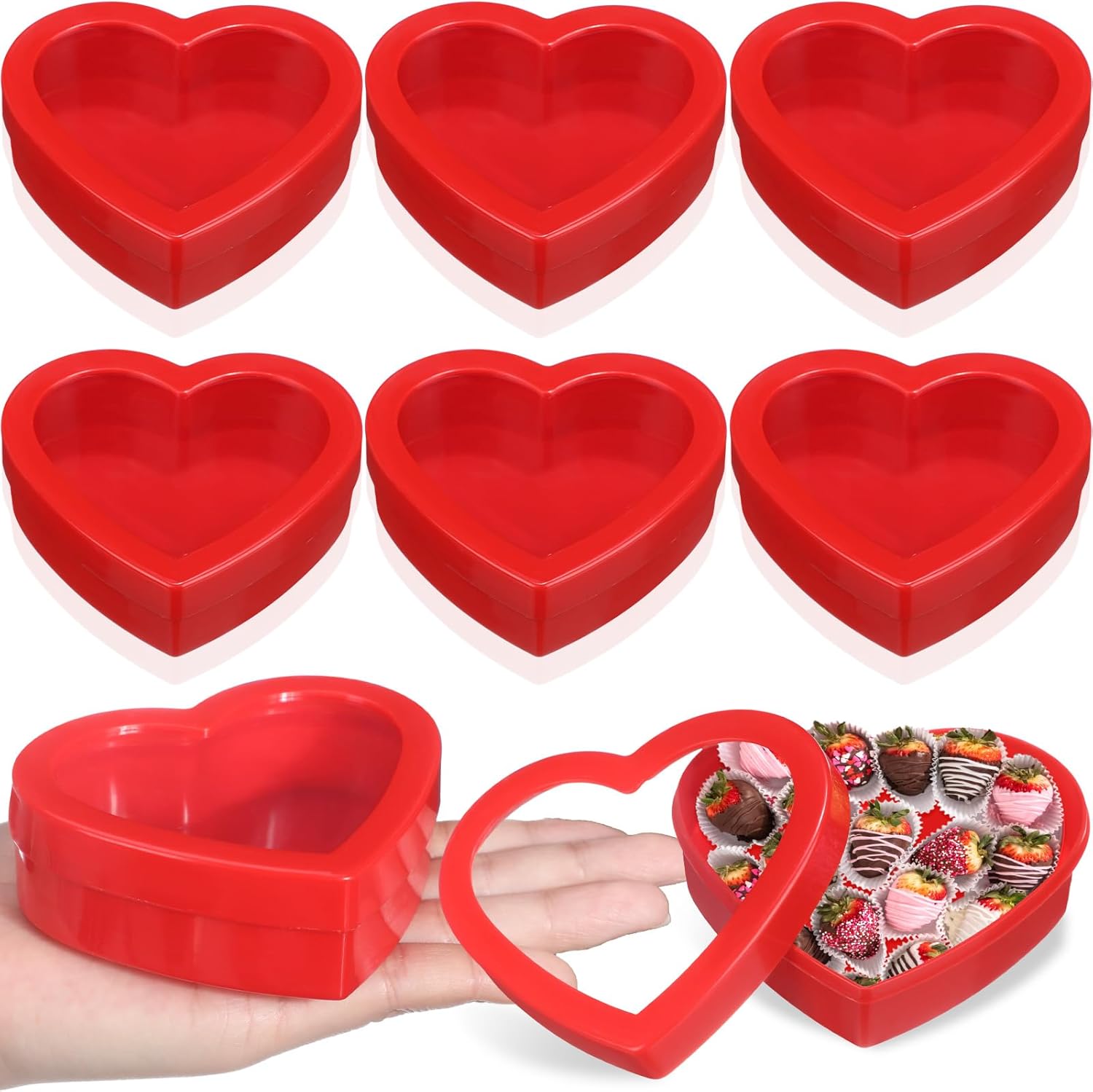 Wesiti Small Heart Shaped Gift Boxes front view showcasing the red heart base and transparent window lid filled with candies.