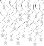 BEISHIDA silver star hanging swirl decorations front view featuring metallic foil spirals for ceiling display.