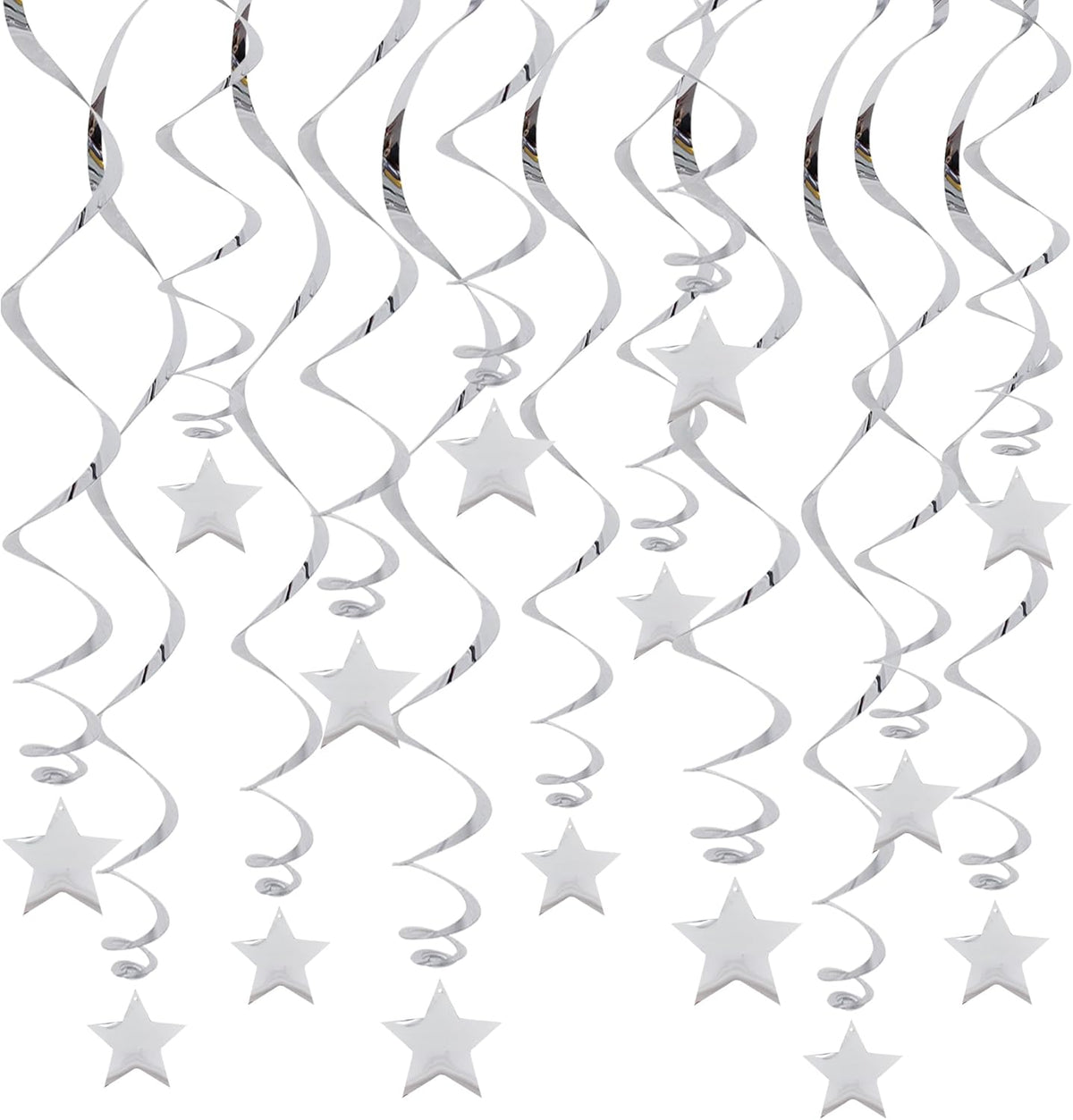 BEISHIDA silver star hanging swirl decorations front view featuring metallic foil spirals for ceiling display.
