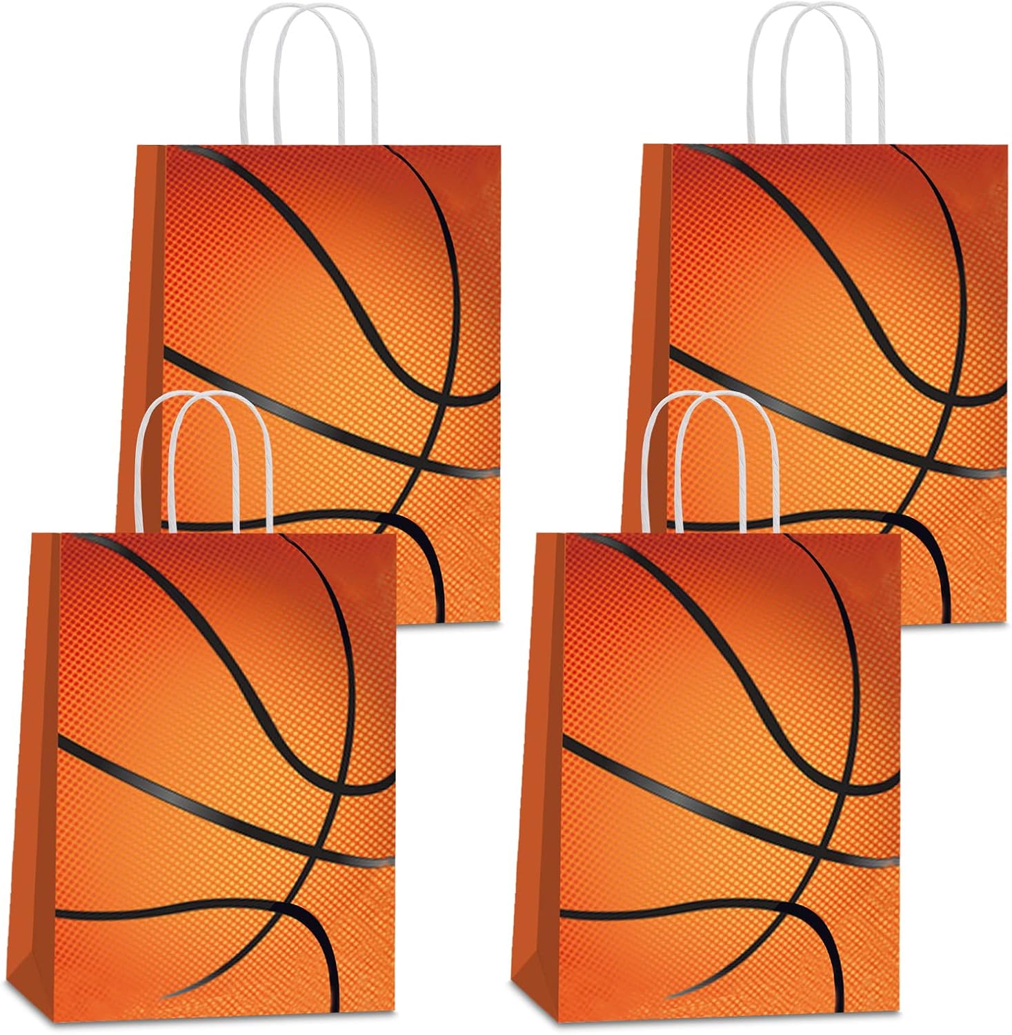 YE 16 Pack Basketball Party Favor Bags front view showcasing the vibrant orange sports design and white handles.