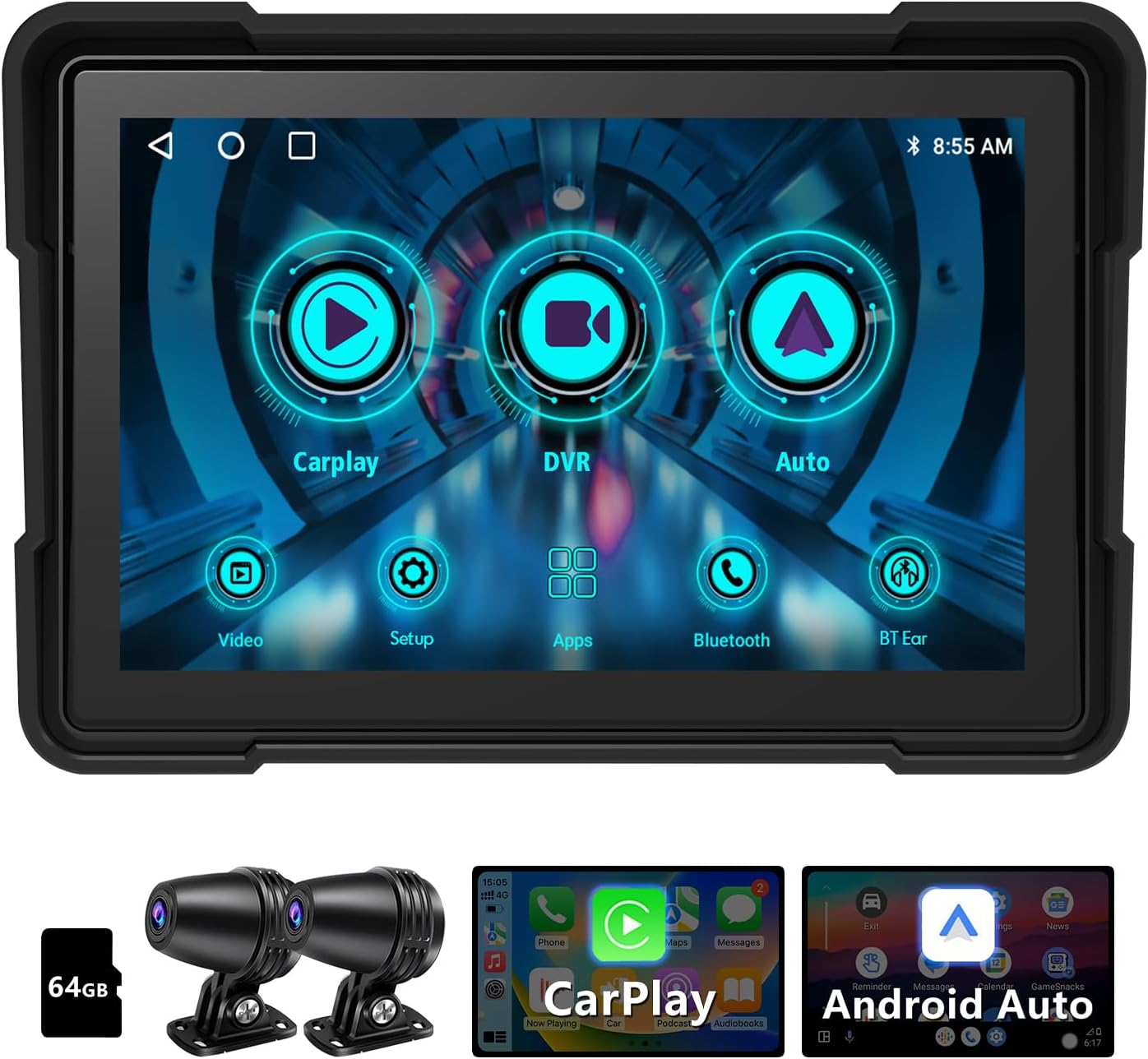 FBINSE motorcycle carplay navigation system front view mounted on handlebars displaying google maps