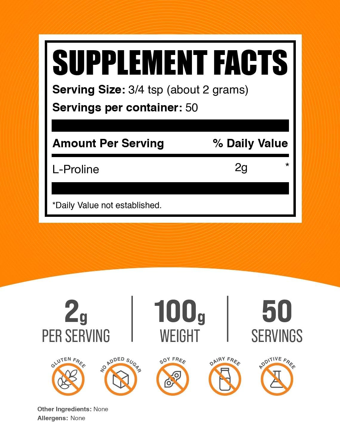 BulkSupplements L-Proline amino acid powder label details