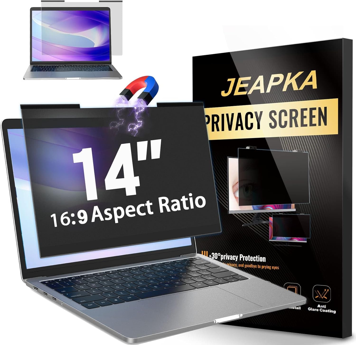 Jeapka magnetic laptop privacy screen filter 14 inch front view on a laptop