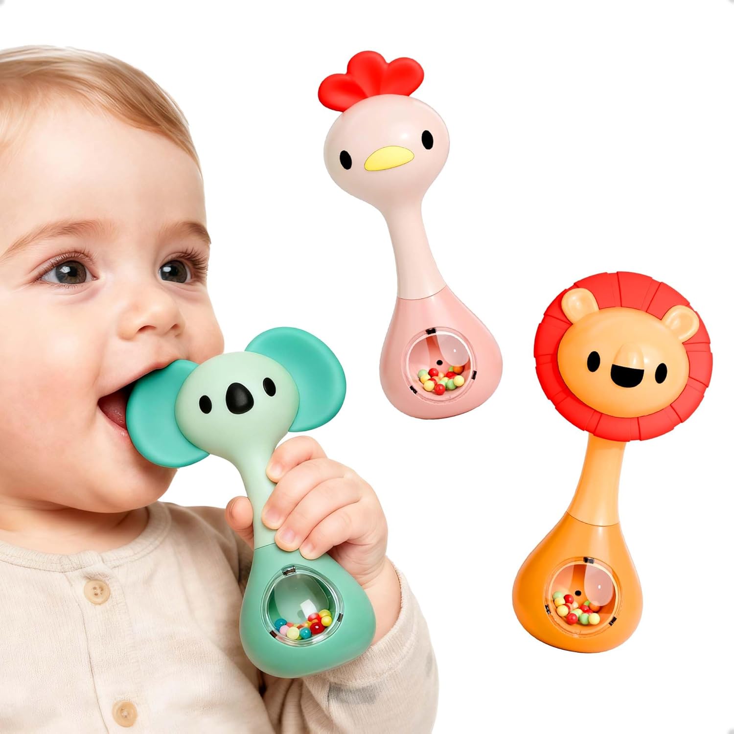 iPlay iLearn Baby Shaker Rattle Toy front view of three piece animal rattle set for sensory development.