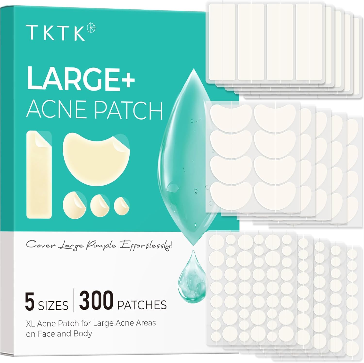 TKTK Large Pimple Patches for Face, XL Acne Patches 60 x 20 mm, Big Hydrocolloid Bandages for Body, Forehead, Chin, Neck Zit Breakouts, Hydrocolloid Patch (Strip, Contoured, Dot 5 Sizes 300 Count) - Image 1