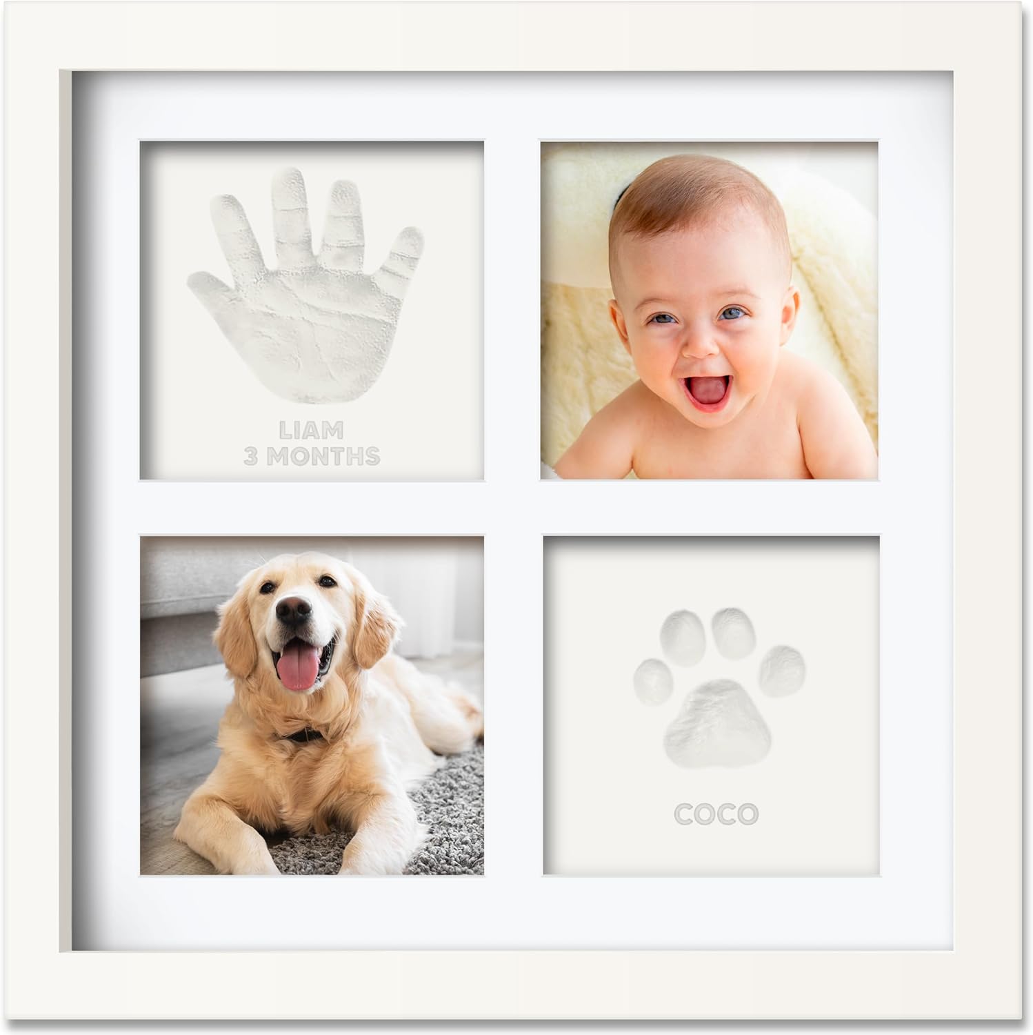 KeaBabies Baby Hand and Footprint Kit alpine white front view showing clay impressions and baby photos