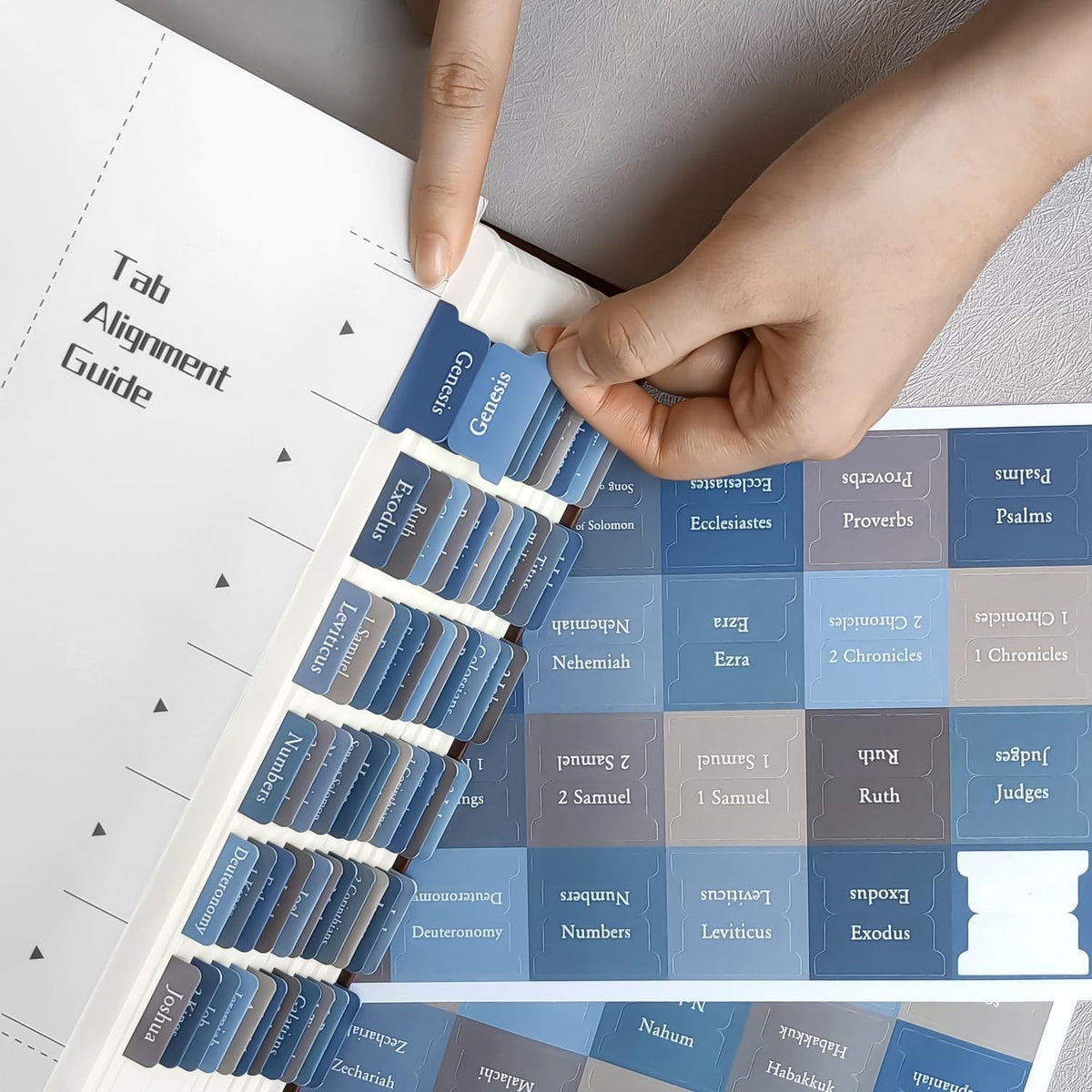 Uzriyl large print Bible labels laid out flat