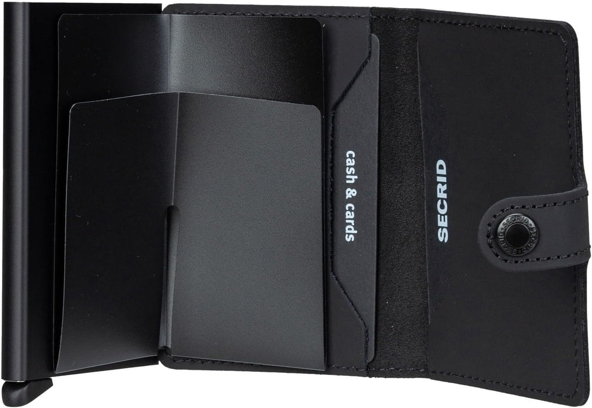 Secrid matte black leather wallet snap button closure