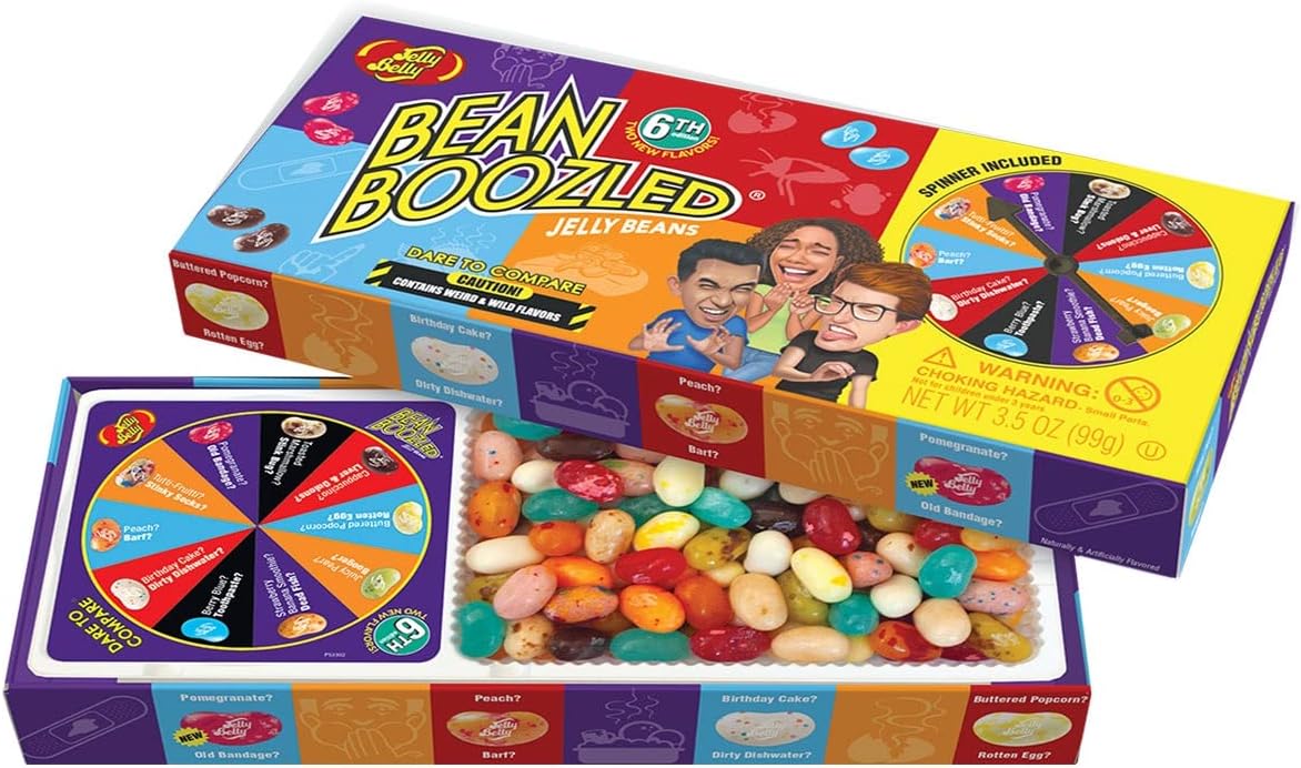 Jelly Belly BeanBoozled jelly beans layout showing the colorful spinner wheel
