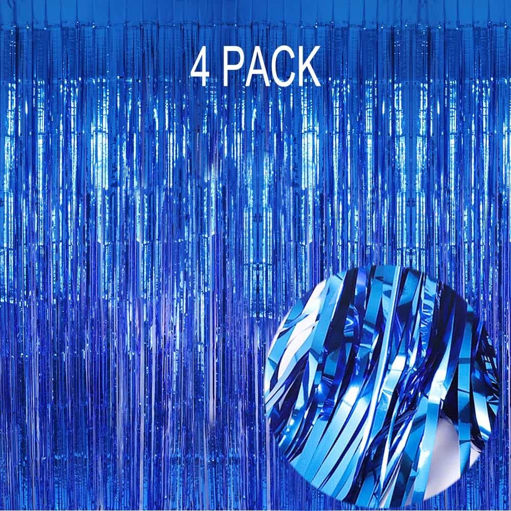 EUFARS blue foil fringe curtain four pack front view metallic party backdrop