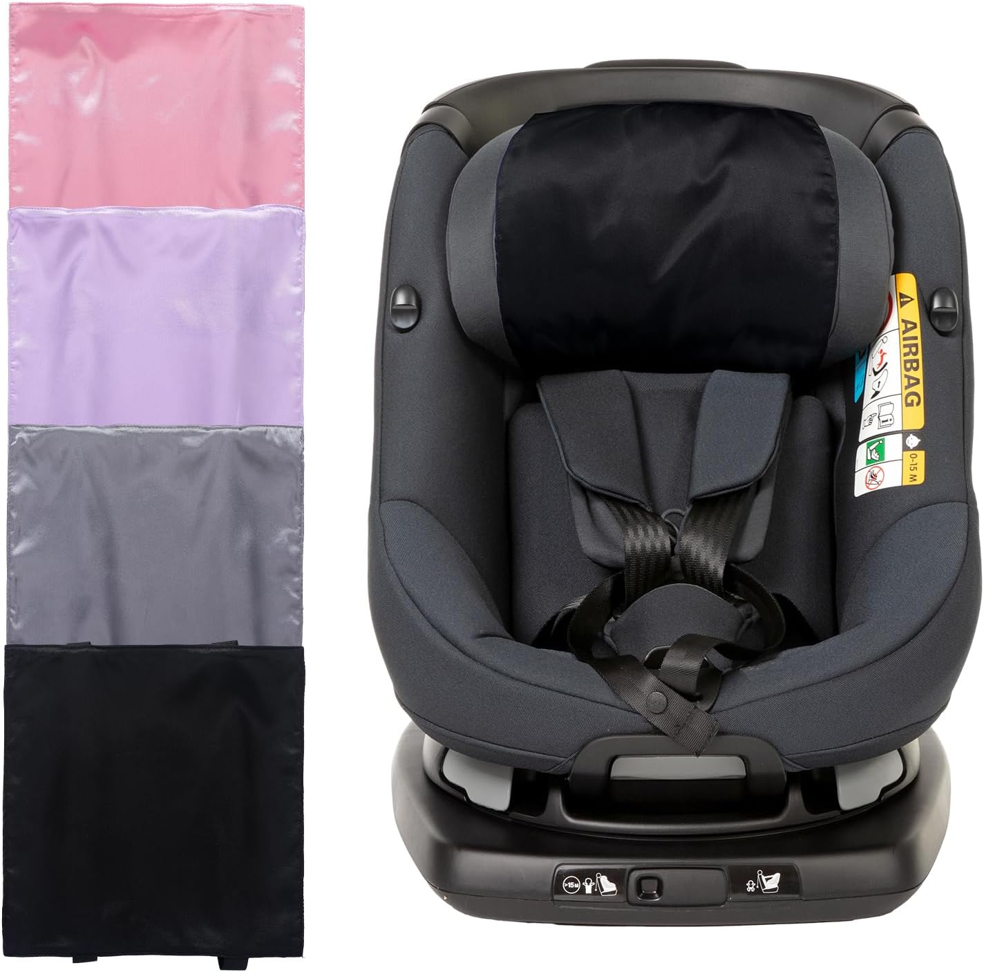 Tegeme satin baby car seat headrest cover front view showing soft black fabric texture.