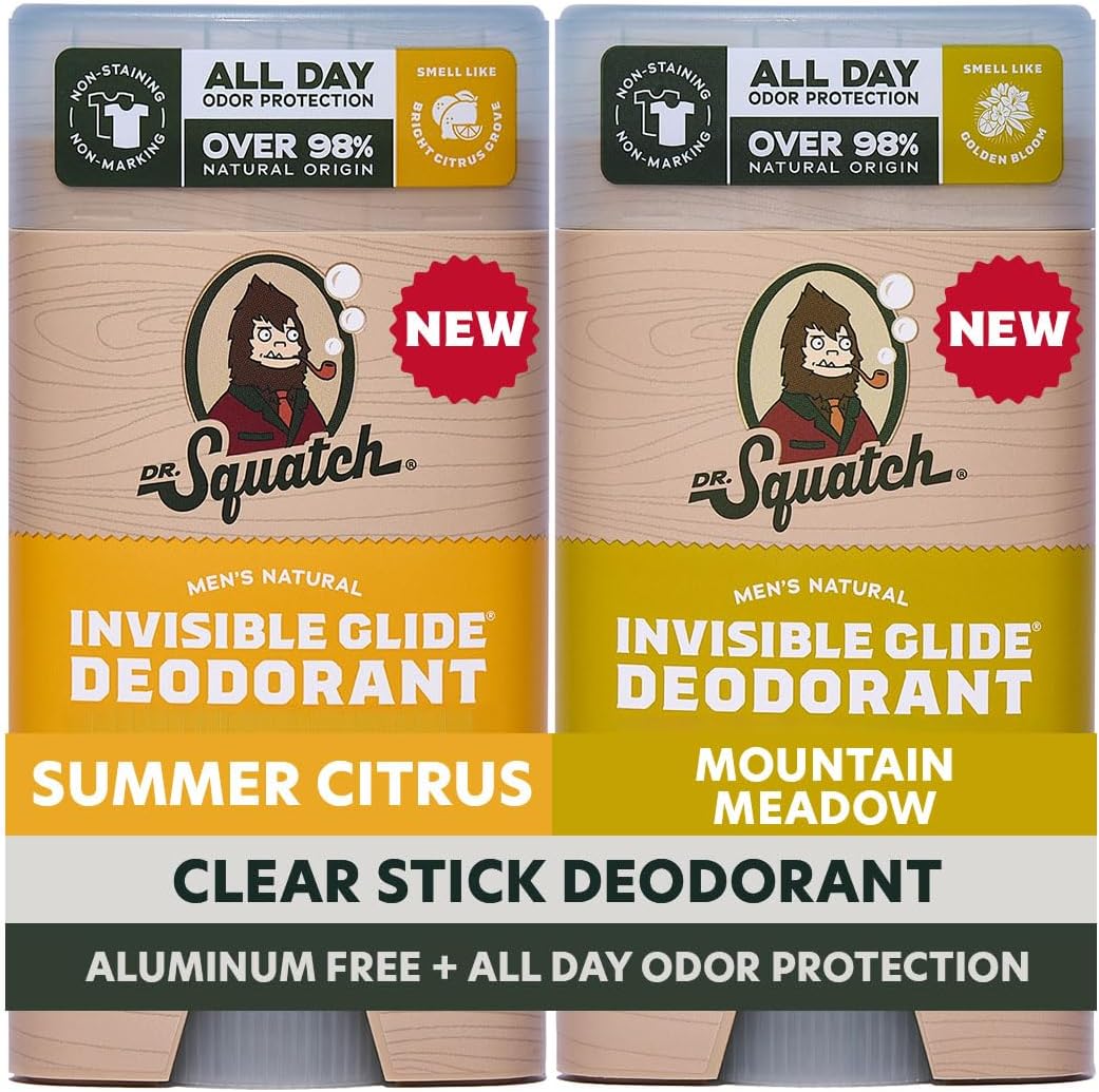 Dr. Squatch Invisible Glide Natural Men's Deodorant 2-Pack front view showing Summer Citrus and Mountain Meadow sticks