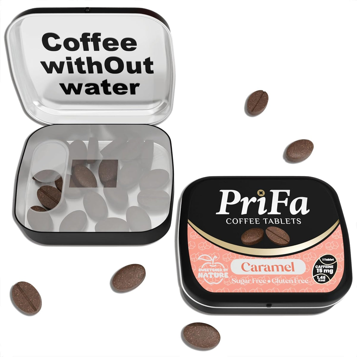 PriFa Caramel Coffee Tablets front view showing portable tin packaging.