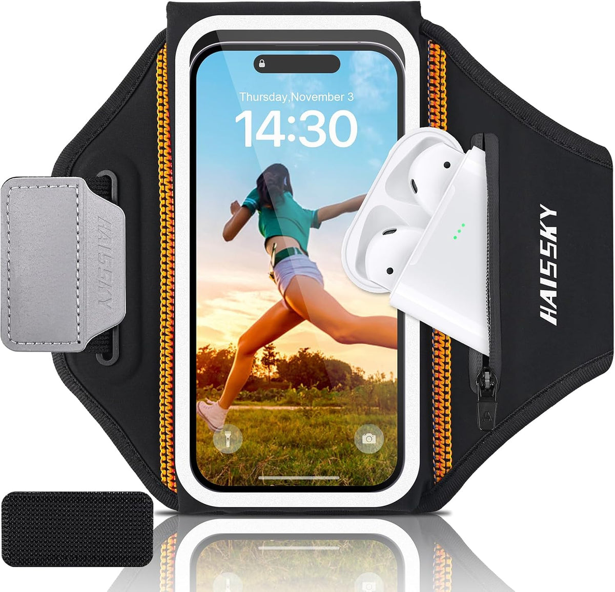 Kebrela running armband front view with clear touchscreen window